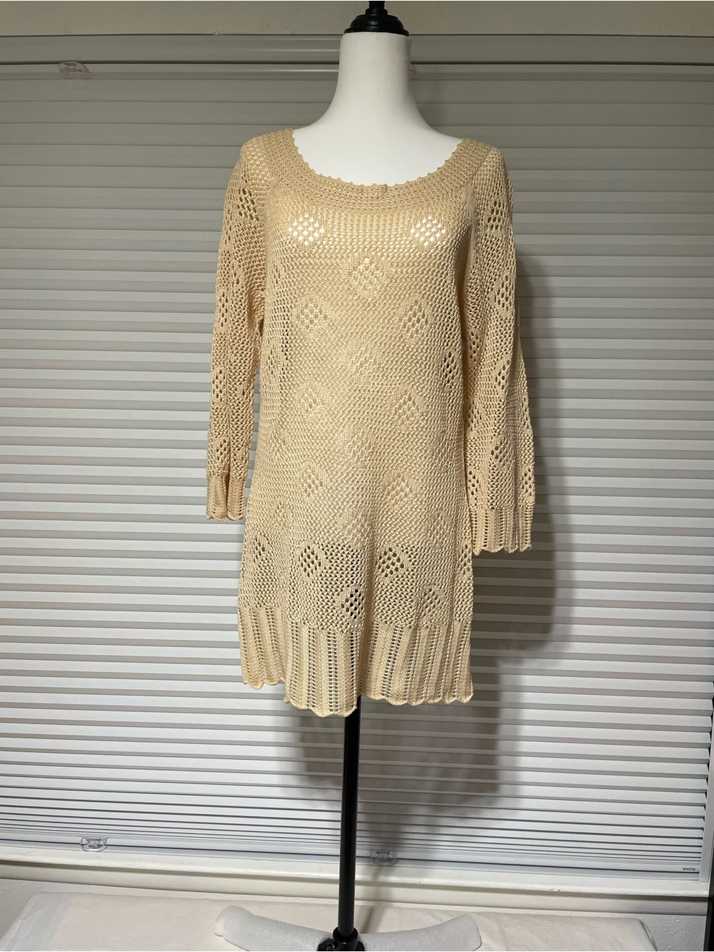 Beige Crochet Knit Women's Long Sweater